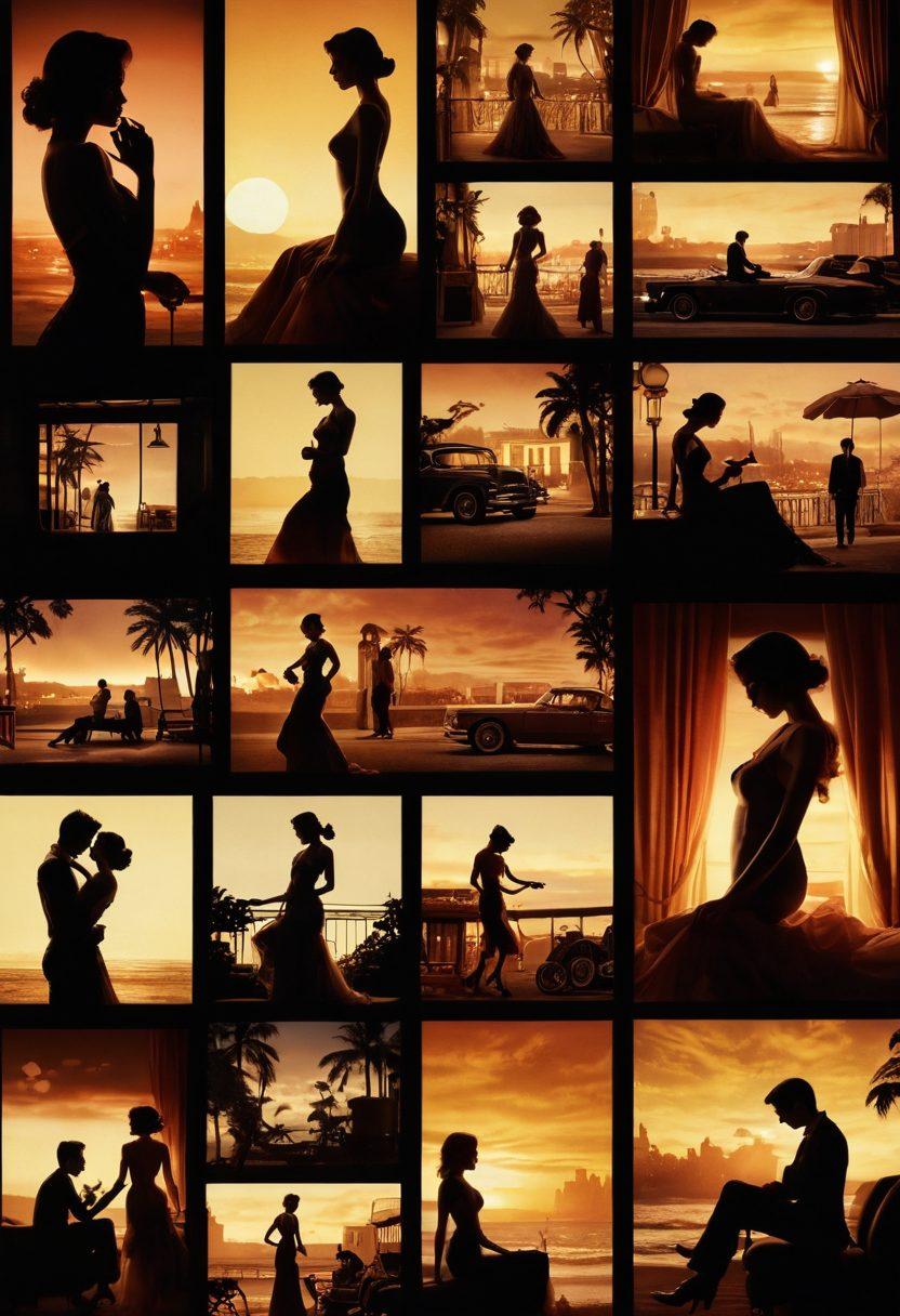 A visually captivating collage featuring iconic scenes from classic erotic films intermingled with graceful silhouettes, symbolizing sensuality. Incorporate soft lighting and velvety textures to evoke a feeling of intimacy and allure. Add vintage film reels and a warm color palette to enhance the theme of nostalgia and passion. Super-realistic. Warm tones. Soft focus.
