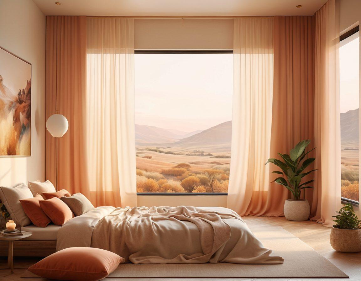 A serene, inviting landscape featuring a cozy room with soft lighting, plush cushions, and a large screen displaying abstract visuals symbolizing sensuality and safety. Include gentle flowing curtains and a hint of nature outside the window, creating a peaceful ambiance. Subtle hints of passion through warm color palettes and abstract shapes. minimalistic style elements. super-realistic. vibrant colors.